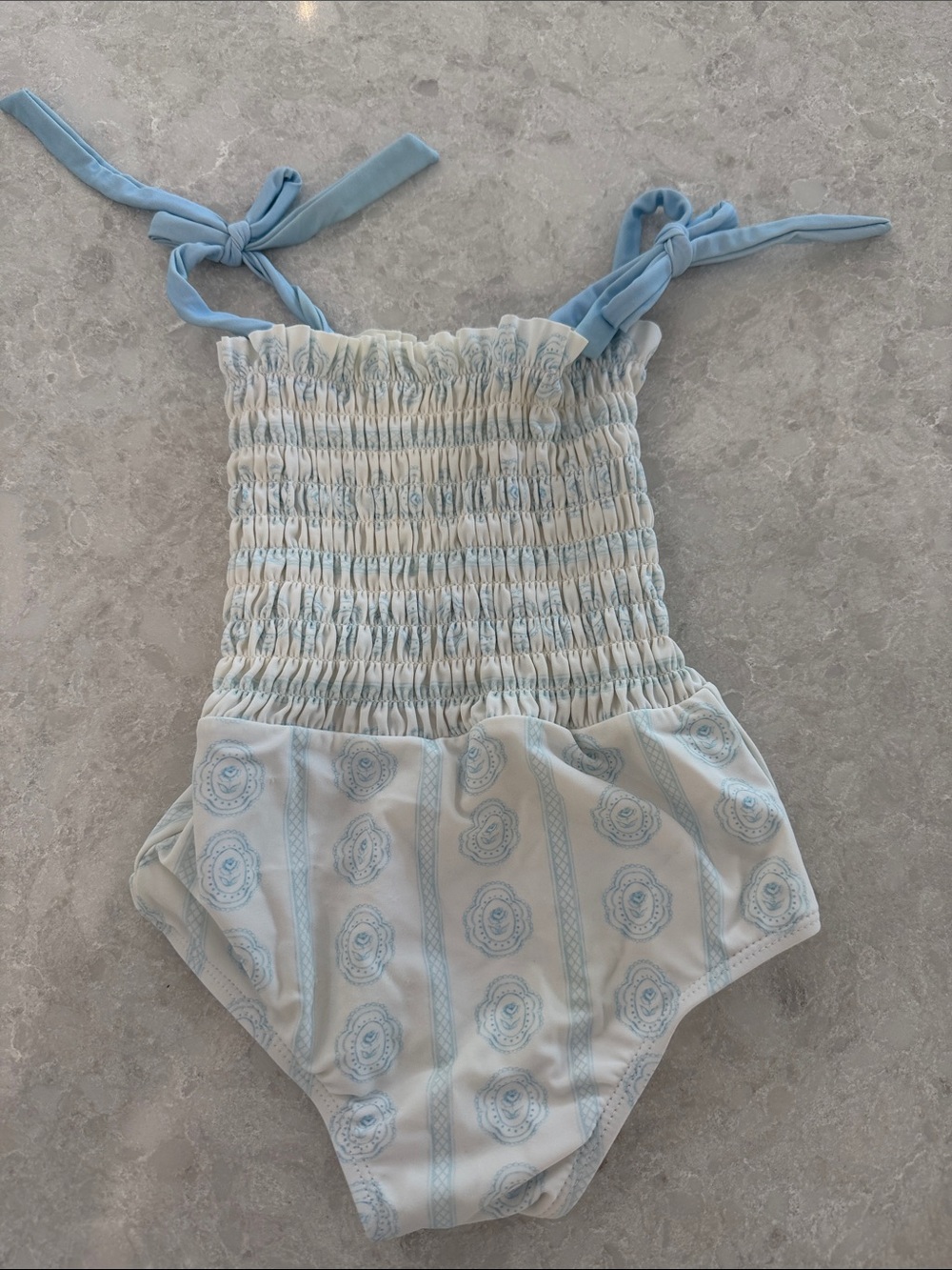 Edgehill Collection Light Blue & White Smocked Kids One-Piece Swimsuit